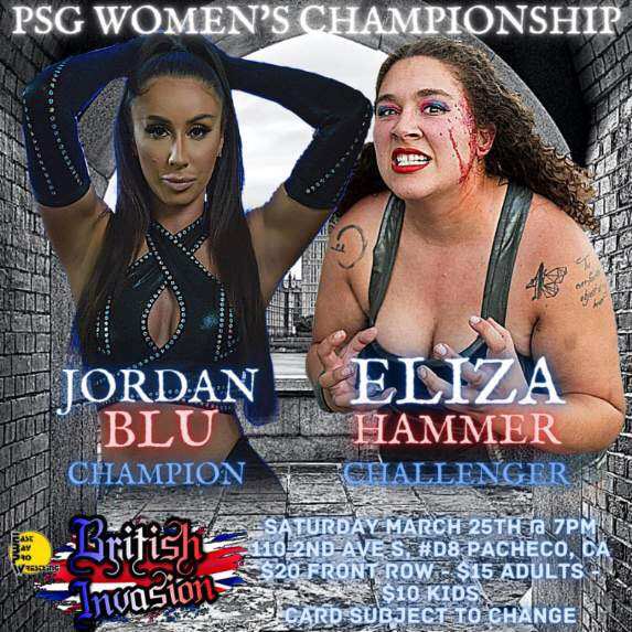 EBPWrestling's tweet photo. This #Saturday at BRITISH INVASION, fans will see the highly anticipated return of #PSG Womenโs Champion Jordan Blu (@Iamjordanblu)! Thatโs right, the leader of the #BluNation will be back where it all started to defend her title against a dangerous & determined @ElizaHammer1! https://t.co/Rj5EMumFIG