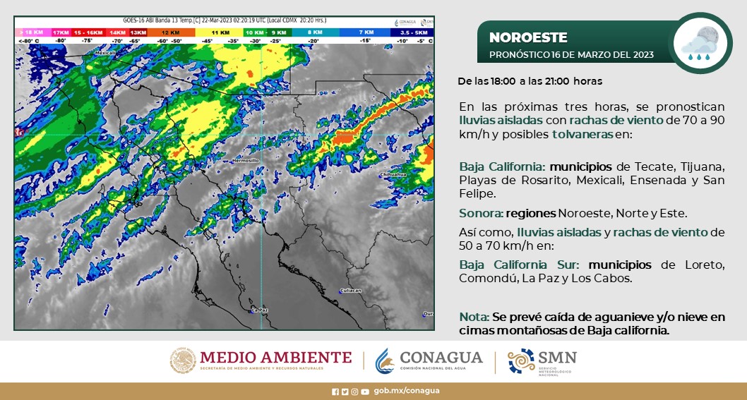 🚩Para esta noche, se esperan fuertes #Rachas de #Viento con #Tolvaneras y #Lloviznas en regiones de #BajaCalifornia, #Sonora y #BajaCaliforniaSur, además de caída de #Nieve o #Aguanieve en sierras de Baja California.