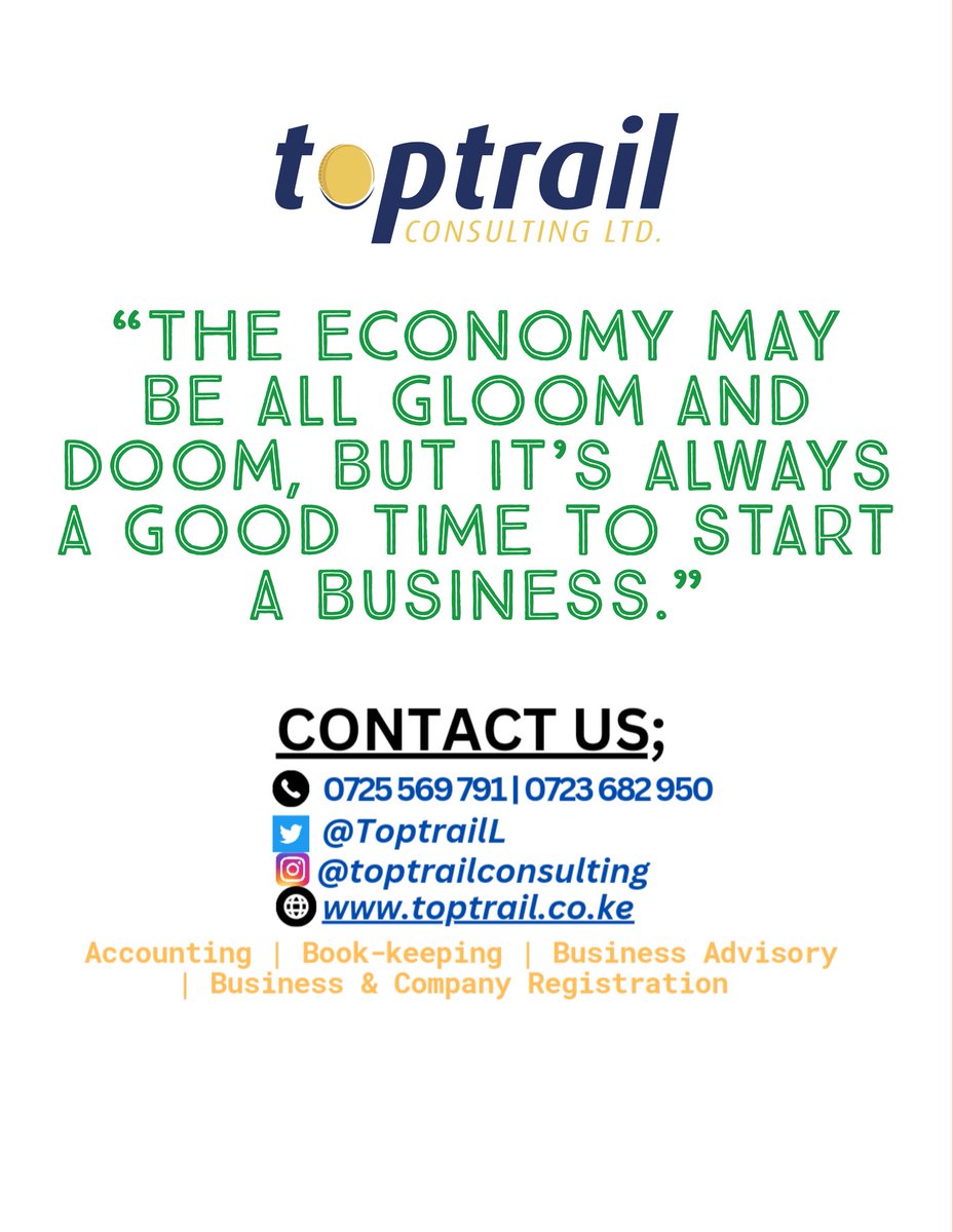 Today is always that good time you've been waiting for. Call us to help you start your business today

DONOT PROCRASTINATE ANY LONGER.

👈🏿
#Toptrail 
#Business
#Economy
#Companyregistration
#Incorporation
#Accounting