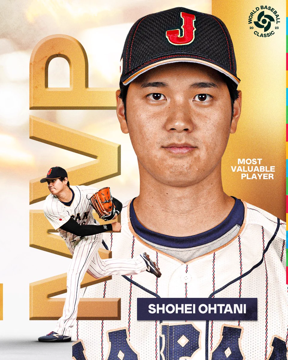 World Baseball Classic 2023 Most Valuable Player: Shohei Ohtani of Team Japan!
Pictured: Cutout of Ohtani following through on a pitch and cutout of Ohtani's headshot wearing a white Team Japan uniform with pinstripes.