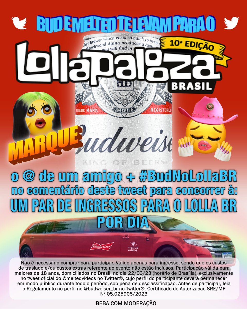 meltedvideos's tweet photo. 🚨 SORTEIO: Marque um @ e comente #BudNoLollaBR para concorrer à um par de ingressos para o @LollapaloozaBr por dia! @Budweiser_Br  #Publi

Regulamento: https://t.co/qdJKSzQqis https://t.co/AzMyJj6D03
