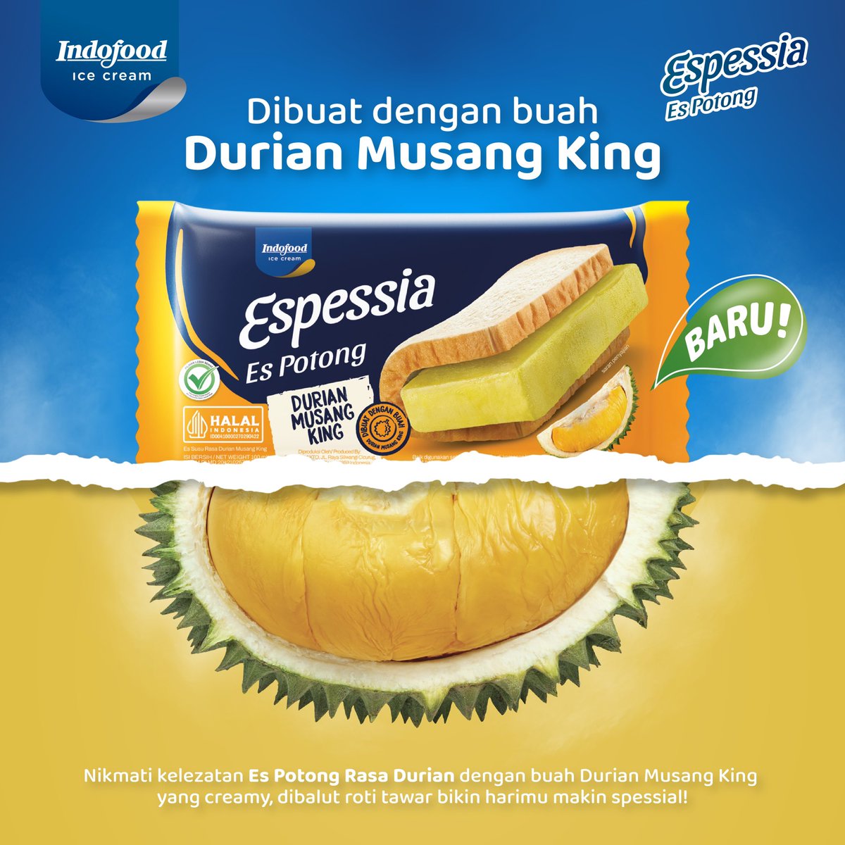 indofood_eskrim's tweet photo. BARU! Espessia Es Potong Durian Musang King! 

Es krim lembut, terbuat dari buah asli Durian Musang King yang pasti disukai Keluarga Indofood Ice Cream!

Temukan Espessia Es Potong rasa Durian Musang King di Indomaret atau toko terdekat ya~

#EspessiaEsPotong #DurianMusangKing https://t.co/lCWKYfPxvk