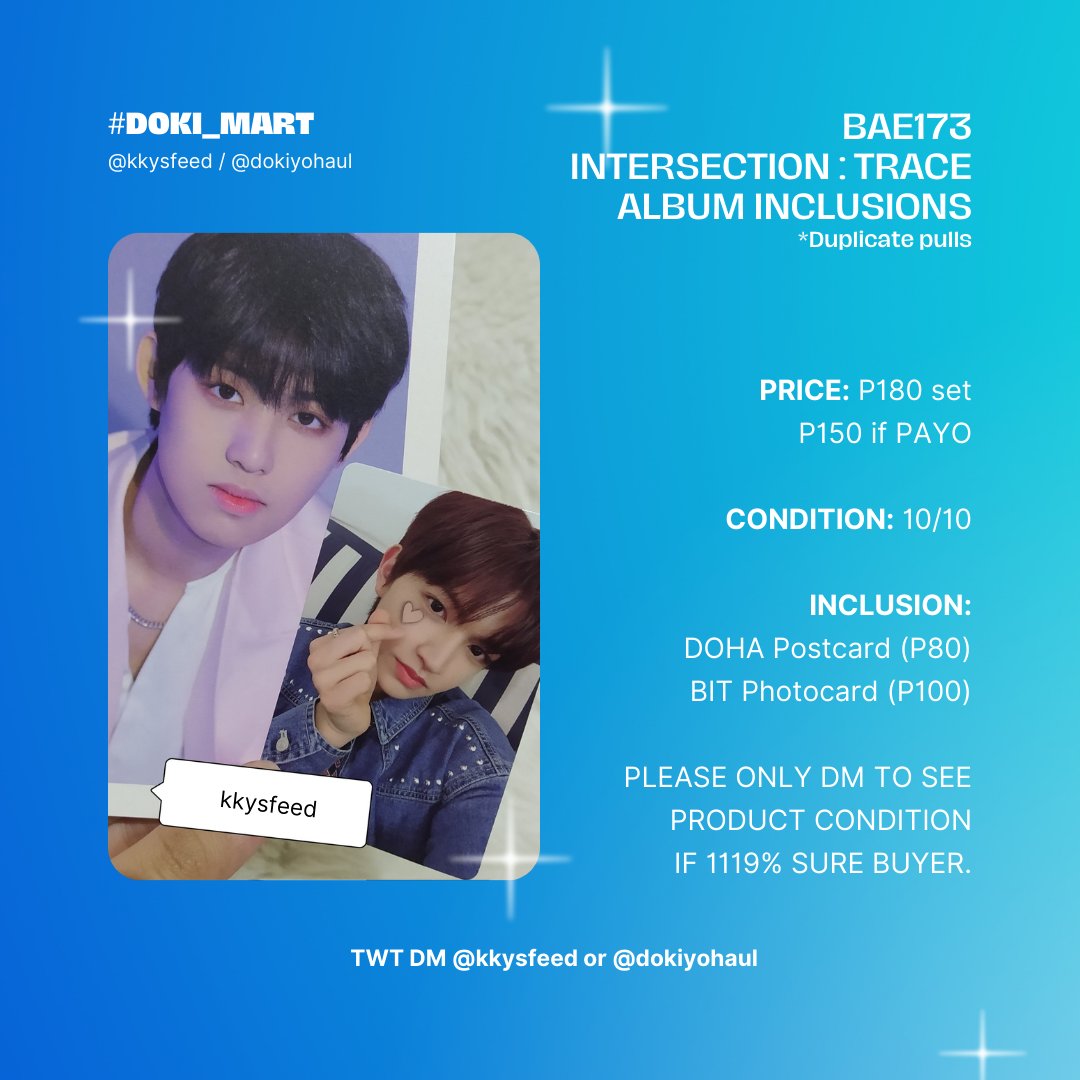 dokiyohaul's tweet photo. [🛒] #doki_mart

HELP RT

⚡️ BAE173 INTERSECTION : TRACE ALBUM INCLUSIONS  ⚡️
- onhand &amp; ready to ship
- can do set or tingi
- items are in care of (@kkysfeed) and will be handling shipping as well

‼️ PAYO or 2 days reservation
💵 gcash
📦 ggx | flash express | sdd
📍 loc: qc https://t.co/pmtQBV2NUZ