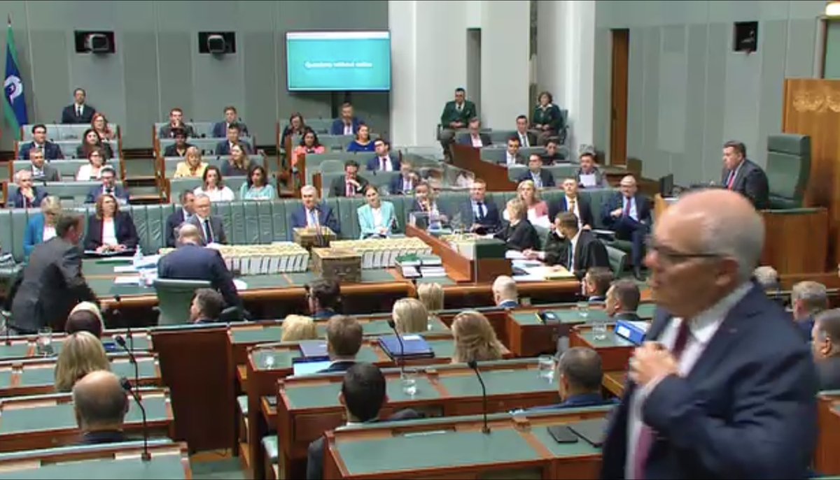 strangerous10's tweet photo. Meanwhile back in the House of Reps, former PM Morrison gets up and walks off before Albo even starts to answer the first question in #QT 
Lazy prick. https://t.co/lUeyZIJmDX
