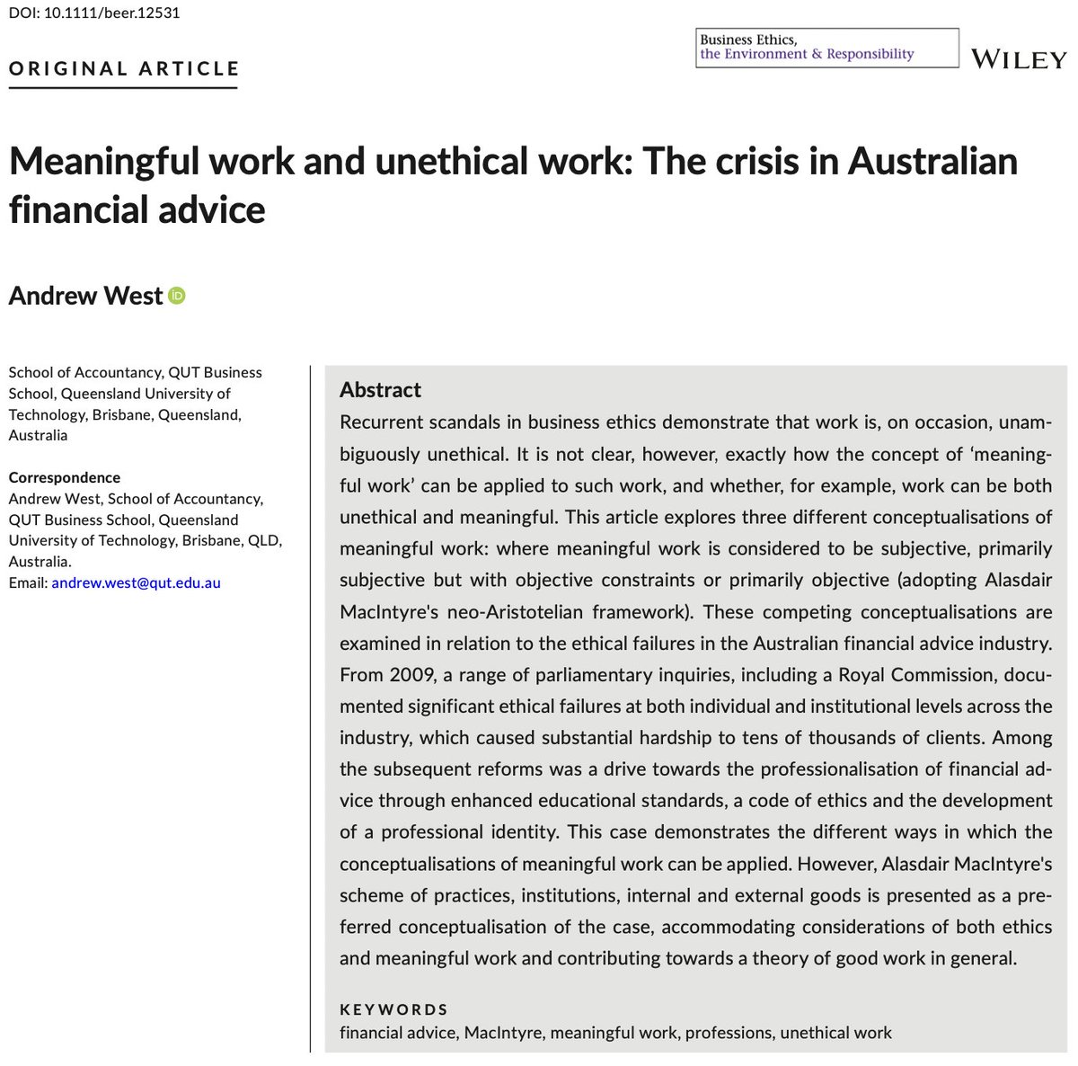 BEER_Wiley's tweet photo. Meaningful work &amp; unethical work: the crisis in Australian financial advice

Andrew West, @QUTBusiness

→ https://t.co/PPiR5KvIbA

#FinancialAdvice #MeaningfulWork #UnethicalWork #FinancialAdvisors #BusinessEthics #Ethics #Australia #AlasdairMacIntyre #FinancialServices #AusFin https://t.co/nhGNsnjEZX