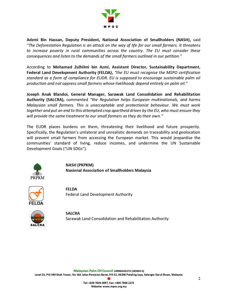 mpocHQ's tweet photo. MPOC Press Release - Malaysian Small Farmers Deliver Petition to the EU Commission in Brussels.

Leaders of Malaysia’s major small farmer organisations travelled to Brussels, Belgium to present a petition against the impending EU Deforestation Regulation (EUDR) to 

1/2 https://t.co/U87EHAi9RQ