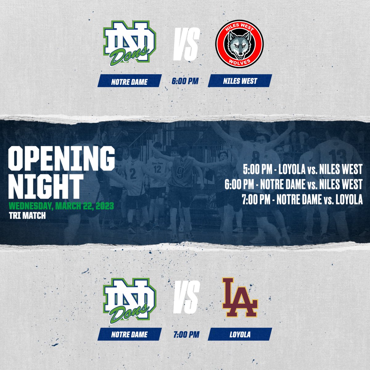 ndcp_athletics's tweet photo. Big Opening Night at @nddons tomorrow night, as Varsity @ndcpvolleyball host Niles West and Loyola Academy! 

5:00 PM - Loyola vs Niles West 
6:00 PM - Notre Dame vs Niles West
7:00 PM - Notre Dame vs. @LAMensVBall 

JV Dons play at LA, 6 &amp; 7 PM
Freshmen Dons play at NW 5 &amp; 6 PM https://t.co/6KhJ6TTt6C