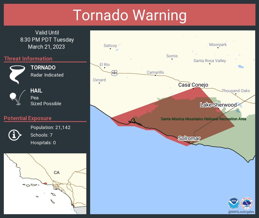 VCscanner's tweet photo. A Tornado Warning is in effect for a part of Ventura County until 8:30 PM. Expect damage to mobile homes, roofs, and vehicles. https://t.co/ANGM1sH30h