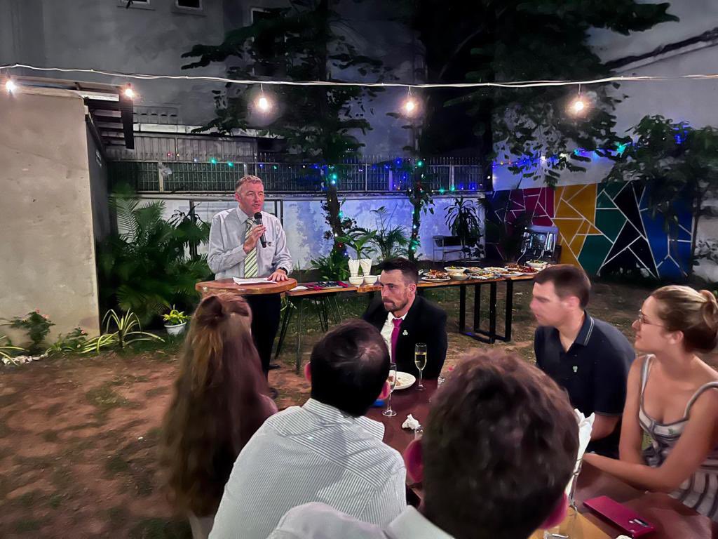 irlembvietnam's tweet photo. (1/2) Delighted to host a gathering of the Irish diaspora in Phnom Penh to celebrate #StPatricksDay ☘️

Also delighted to announce our support for Cairde Khmer GAA who will send two all-Cambodian squads, men and women, to participate in the @GAAworldgames in Derry this summer. https://t.co/rCWLsRQfBv