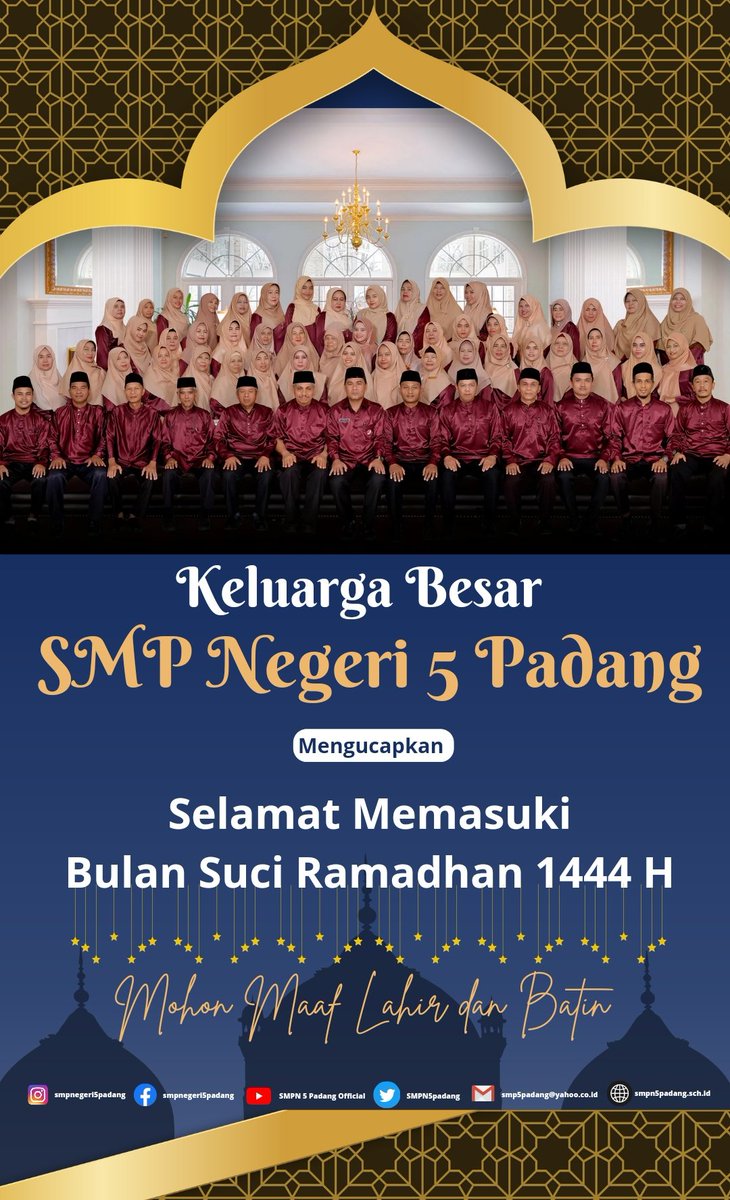 SMPNegeri5padang (@smpn5padang) on Twitter photo Keluarga Besar SMP Negeri 5 Padang mengucapkan Selamat Memasuki Bulan Suci Ramadhan 1444 H, Mohon Maaf Lahir dan Bathin ππ Keluarga Besar SMP Negeri 5 Padang mengucapkan Selamat Memasuki Bulan Suci Ramadhan 1444 H, Mohon Maaf Lahir dan Bathin ππ