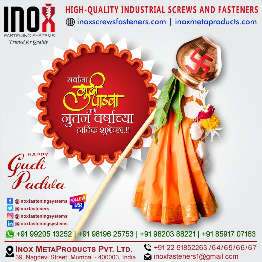 inoxfasteners's tweet photo. INOX FASTENING SYSTEMS
Trusted for Quality
All Types of Industrial Screws and Fasteners 
Happy Gudi Padwa
#gudipadwa #satara #mumbai #gudipadwaspecial #ugadi #festival #maharashtra #marathi #maharashtrian #newyear #happygudipadwa #photography #rangoli  #sataracity #mh #marathi https://t.co/kEpTzucCaI