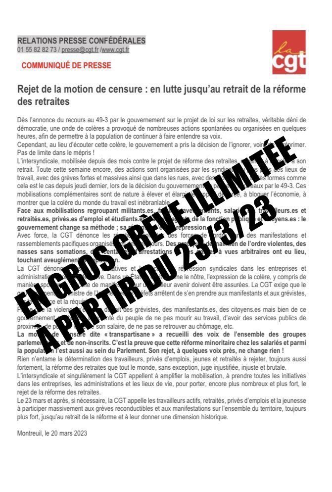 Lazare2423's tweet image. 🔴 CGT - appelle à la grève 

Vers un Jeudi noir❓

#CGT #appelle  #GREVE #JEUDI23 #manifestation #blocage #ReformeDesRetraites #Macron #France #mobilisation #rassemblement #syndicat