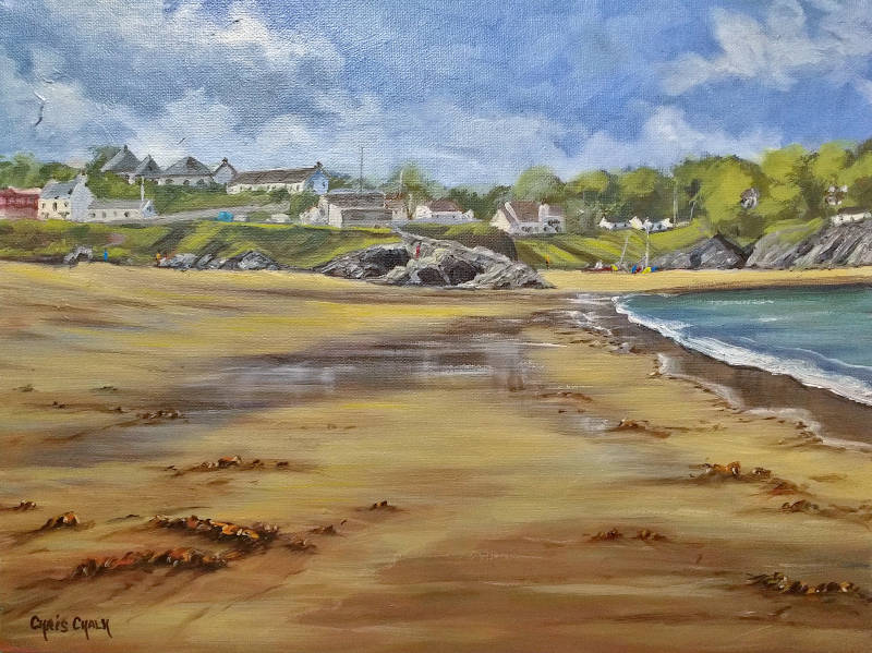 'Aberporth, West Wales', 16x12inch, oil - Aberporth was one of the main centres of the herring fishing industry in Wales. Drifting and netting were both employed and at one time and at least 20 full time herring smacks went to sea out of Aberporth regularly.