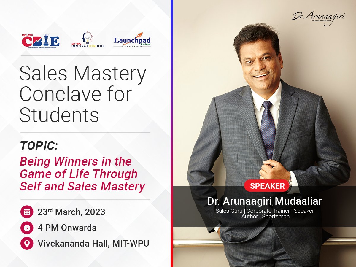 Exciting news! Dr. Arunaagiri Mudaaliar will be inspiring 600+ students at MIT World Peace University, Pune, sharing valuable insights on how to be winners in the game of life through Self and Sales Mastery. 

#DrArunaagiriMudaaliar #MITWPU #LifeSkills #SalesSkills #SalesConclave