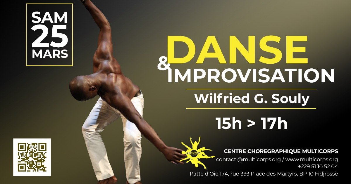CC_Multicorps's tweet image. 𝗗𝗔𝗡𝗦𝗘 &amp;amp; 𝗜𝗠𝗣𝗥𝗢𝗩𝗜𝗦𝗔𝗧𝗜𝗢𝗡
Rendez-vous ce samedi 25 mars de 15h à 17h avec Wilfried Souly, danseur et chorégraphe.
Venez vous plonger dans un voyage de découverte à travers des techniques d'improvisation. 
Infos : +229 51105204(WhatsApp)