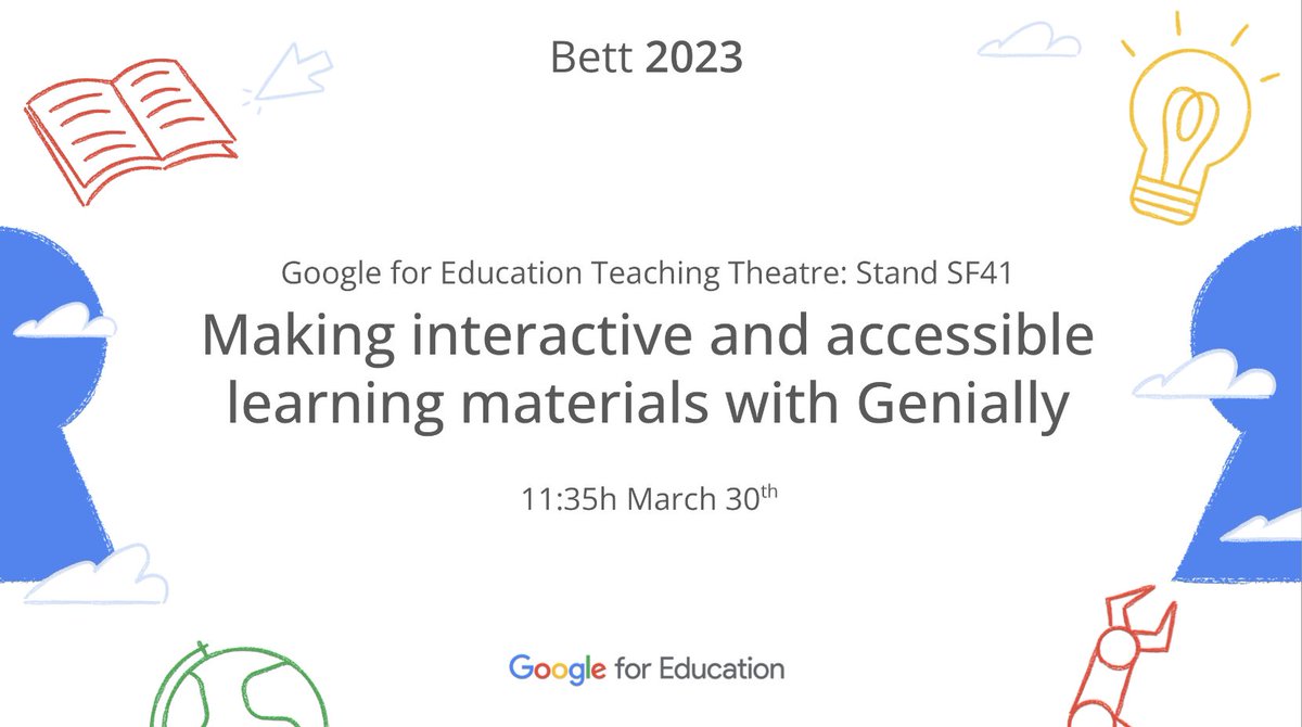 elenavercher's tweet photo. See you at #Bett2023 on Thursday 30 at 11:35h at the @GoogleforEdu booth #SF41 for the "Making interactive and accessible learning materials w/ @genially" Teaching Theatre session: https://t.co/oo8EtW6E4k
✨✨✨
Ps. The time in the other tweet was incorrect, sorry about it!🙏🏼🫶🏼 https://t.co/ElDxZglcem