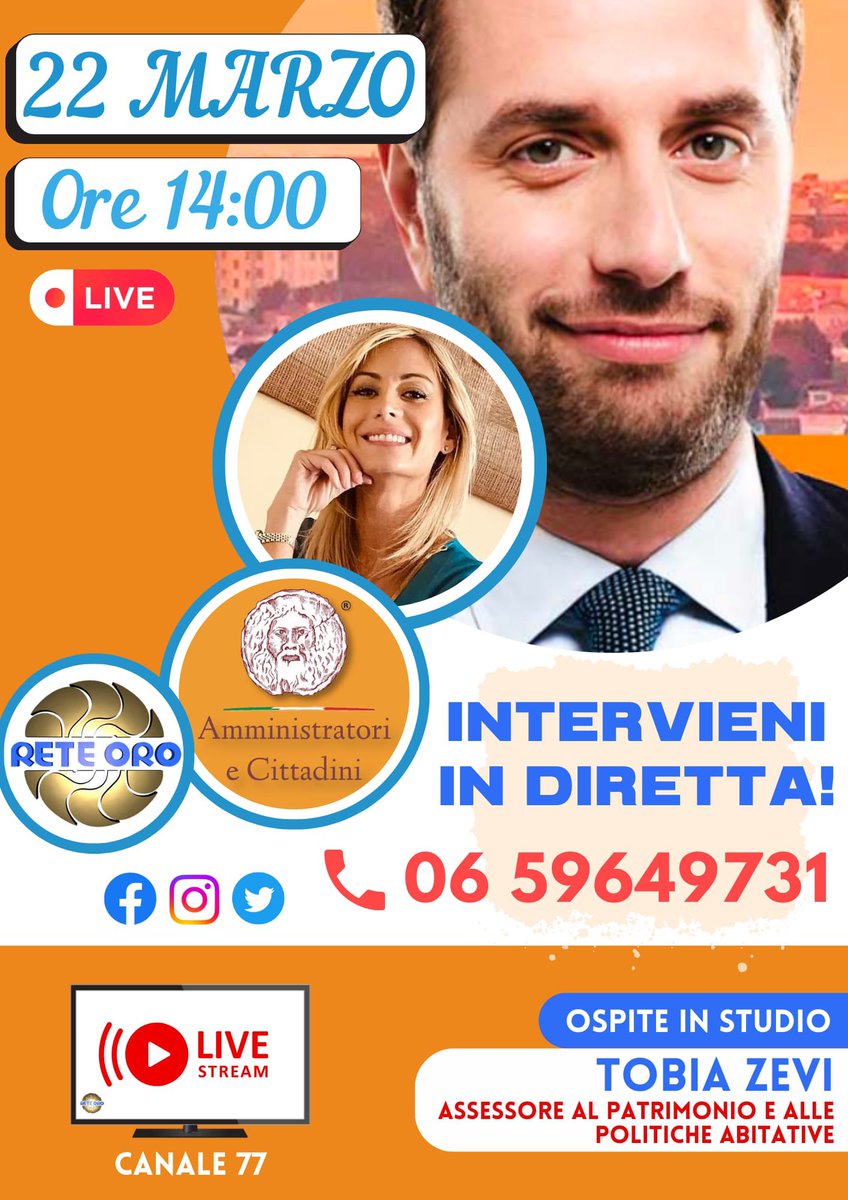 Alle 14 su #ReteOro una nuova puntata di #amministratoriecittadini
Oggi parleremo del #PianoCasa e della  #rigenerazioneurbana degli immobili del #Comune di #Romacapitale insieme all’Ass. al #Patrimonio e alle #Politicheabitative <a href="/tobiazevi/">Tobia Zevi</a> 

#zevi #casa #amministrazionecomunale
