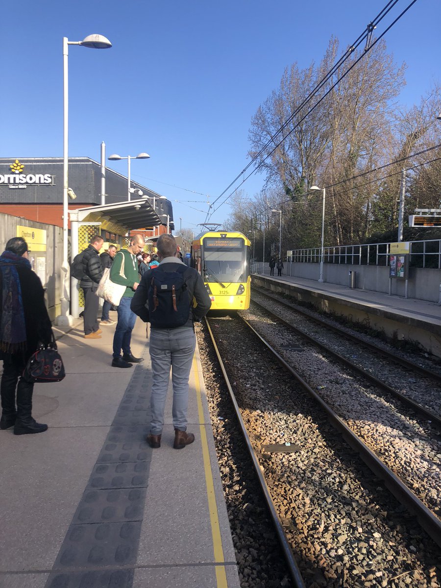 SarahGough3's tweet photo. @OfficialTfGM once again the trams are unable to move off the platform at Chorlton due to doors getting stuck on the platform due to overcrowding causing delays to people’s morning. Please can this be resolved? https://t.co/fc9GLpBRtu