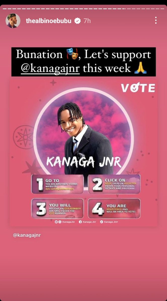 Team_PeterObi's tweet photo. #BUNATION, YOUR HANDLER HAS SPOKEN. PLEASE KINDLY GIVE KANAGA JNR SOME OF YOUR VOTES. HE DESERVES A SPOT IN THE FINAL, HE CAN'T AFFORD TO GO HOME ON SUNDAY. REMEMBER HOW KANAGA ALWAYS ENCOURAGES AND DEFENDED EBUBU 🙏🙏🙏🙏🙏🙏
VOTE FOR KANAGA JNR
#KanagaJnr
#BBTitans https://t.co/cBlFirOVU7