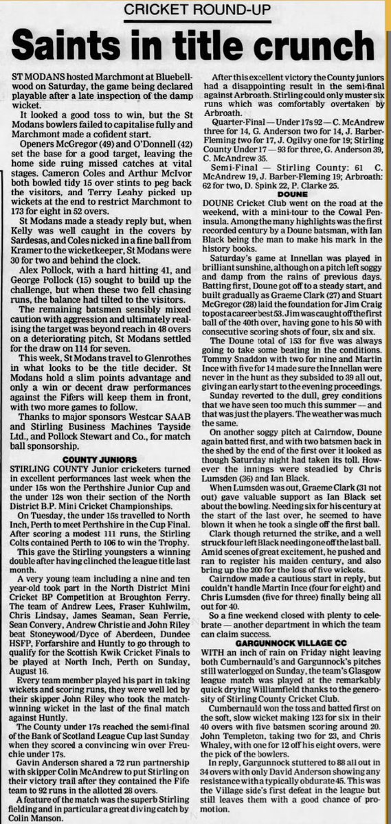 #Season1998 #StModansCC v <a href="/marchmontcc/">Marchmont Cricket</a> 
<a href="/GlenrothesCC/">Glenrothes Cricket</a> <a href="/countypups/">Stirling CCCJuniors</a> <a href="/StirlingCCC/">Stirling County CC</a> <a href="/countyjambo/">jon taylor</a> <a href="/StirlingCHT/">Stirling City Heritage Trust</a> <a href="/StirlingCouncil/">Stirling Council</a> <a href="/dounecricket/">Doune Cricket Club</a>