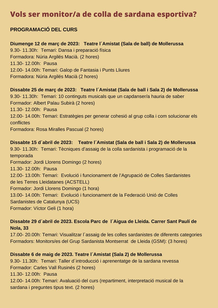 👉Segona sessió del curs de monitors de colla sardanista

📢Aquest dissabte 25 de març tindrà lloc la segona de les classes del programa del curs de monitors de colles sardanistes.

ℹ️ sardalleida.cat

<a href="/sardalleida/">Sardalleida</a> @confsardanista #saltemiballem