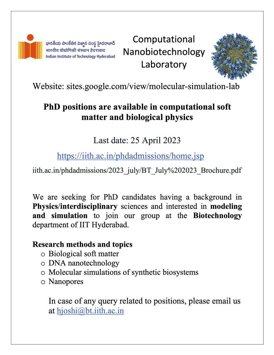 Himanshu Joshi (@joshiphy) on Twitter photo Two Ph.D. positions are available in our group at <a href="/IITHyderabad/">IIT Hyderabad</a>; physics/chemistry students interested in doing a Ph.D. at the interface of biology and physics are encouraged to apply. DM me to know more. Please RT. #PhDposition #IITs #MDsimulations #Bionanotechnology #Hyderabad Two Ph.D. positions are available in our group at <a href="/IITHyderabad/">IIT Hyderabad</a>; physics/chemistry students interested in doing a Ph.D. at the interface of biology and physics are encouraged to apply. DM me to know more. Please RT. #PhDposition #IITs #MDsimulations #Bionanotechnology #Hyderabad