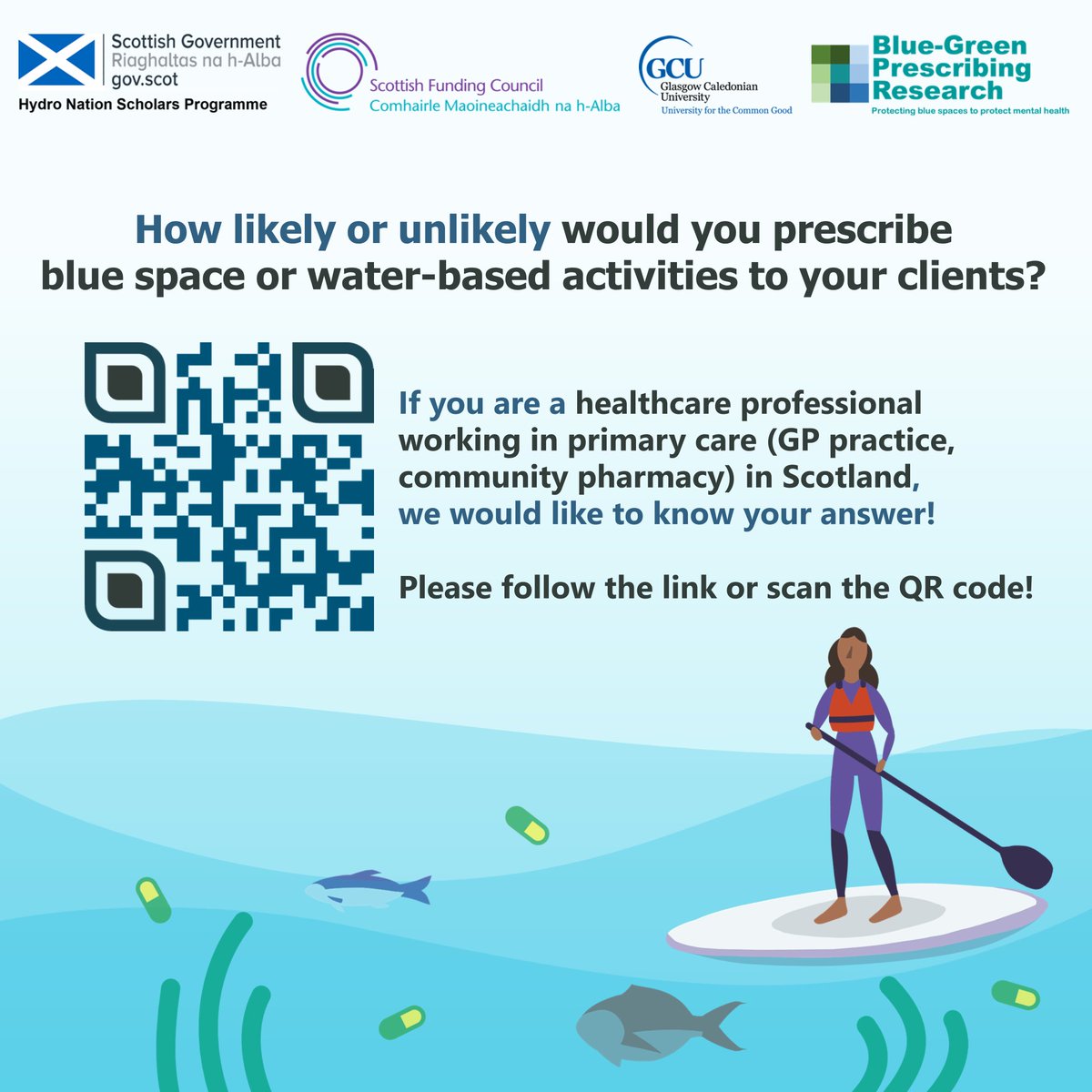 This #WorldWaterDay, help us shape #Scotland’s #bluespaces so it could sustainably deliver and optimise its health-promoting benefits. 🏴󠁧󠁢󠁳󠁣󠁴󠁿💦

If you’re a #primarycare worker, please answer the short survey on this link: bit.ly/bluegreenpresc…

#BlueGreenPrescribing 🚣🏾🏊🏼‍♂️🏄🏻‍♂️