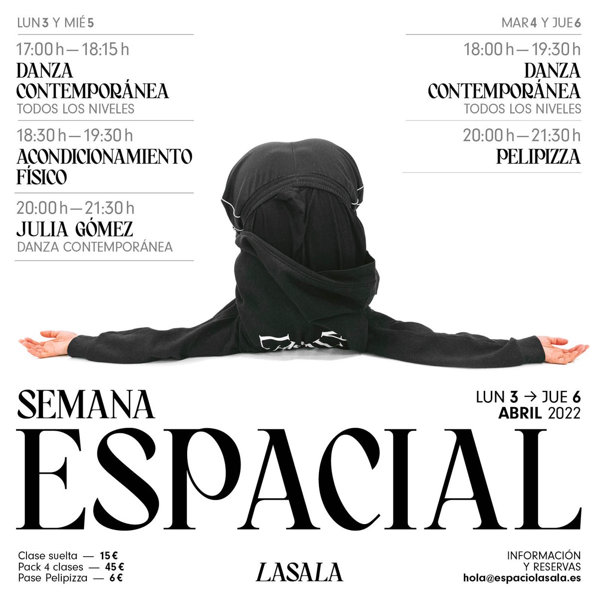 Del 3 al 6 de abril SEMANA ESPAAACIAL con profes invitadas, danza contemporánea, jaleo, acondicionamiento físico, peli pizza y si hace falta sacamos un trono.

🚀 Reservas hola@espaciolasala.es

Del espacio @curlos_guerrero
Foto <a href="/sergiolegaz/">sergio legaz prada</a>
Dirección y coordinación Begoña Ruiz