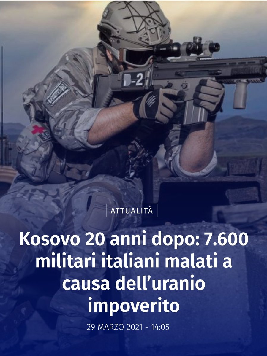 CompagnoMonti's tweet photo. 7600 militari italiani si sono ammalati di cancro a causa dei proiettili all’uranio impoverito utilizzati dalla NATO durante i bombardamenti in Jugoslavia e 400 sono morti

Sono proiettili che la NATO utilizza nascondendo per anni ai suoi stessi soldati gli effetti cancerogeni https://t.co/cScWFKH7q9