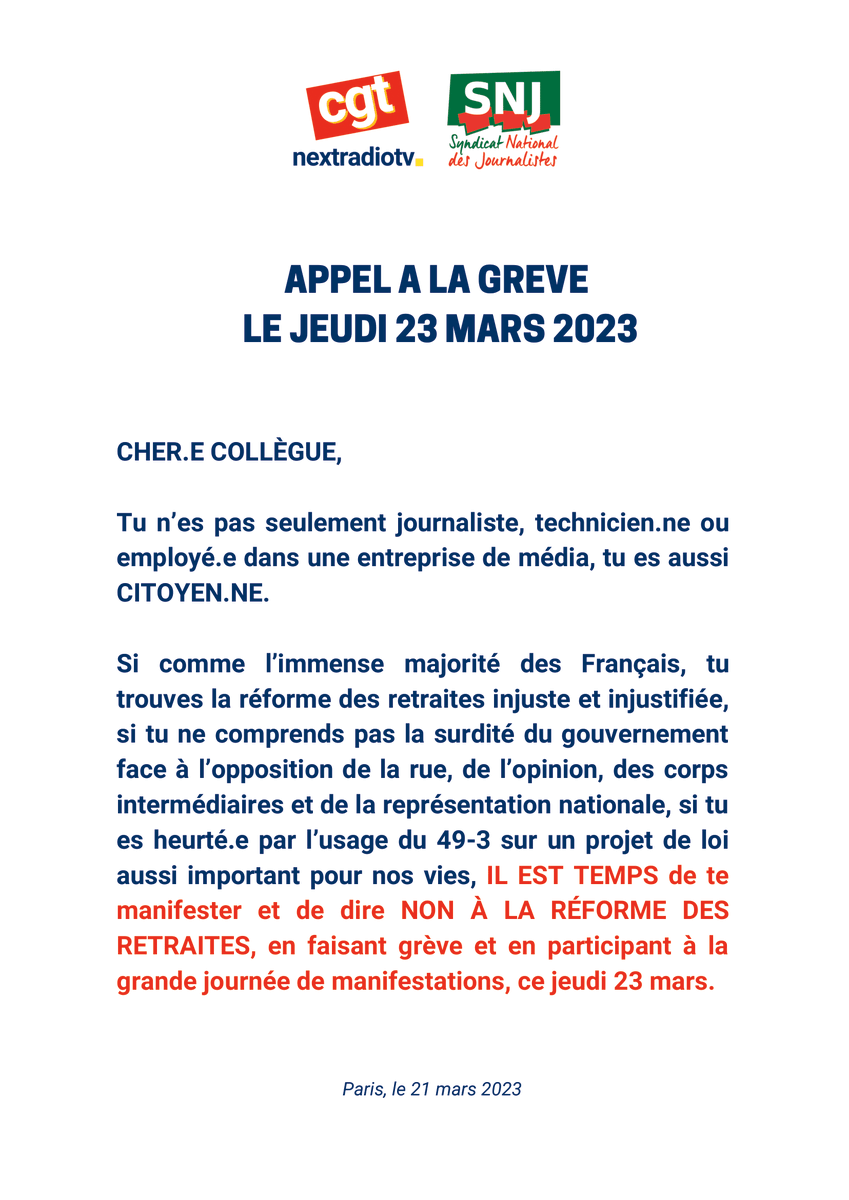 CGT_RMC_BFM's tweet photo. #BFMTV #RMC #RMCD #RMCStory #BFMRégions #NextProd
💥 Appel à la grève
👉 Jeudi 23 mars 2023
#NonALaReformeDesRetraites
#ReformesDesRetraites
#Manifestations
#greve23mars https://t.co/h7myr4gipR
