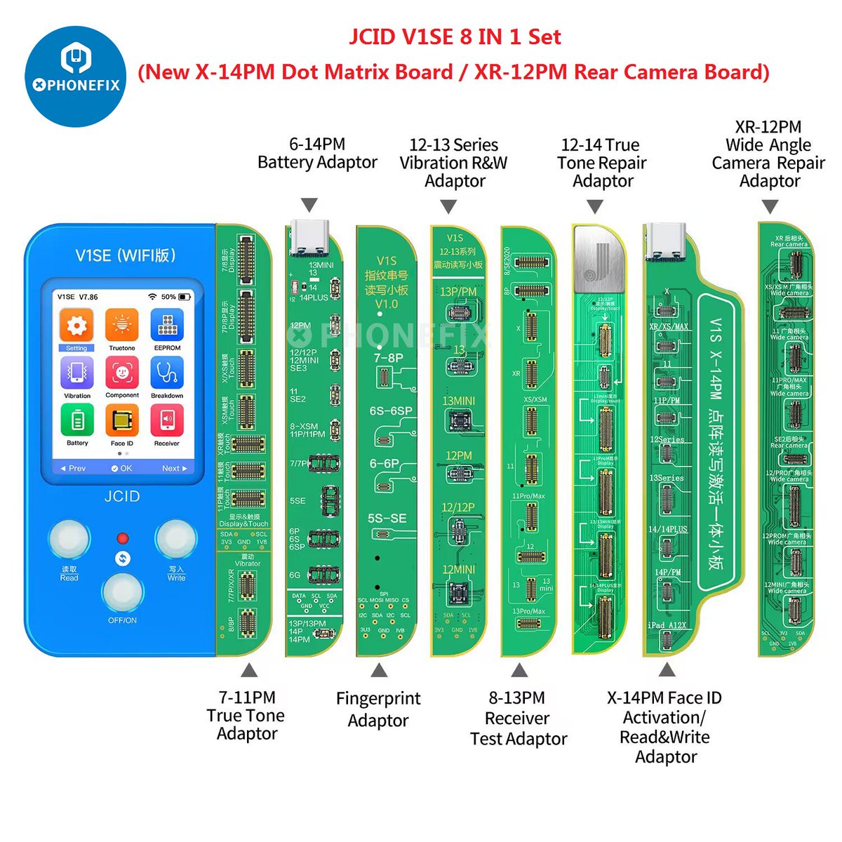 vipprogfixphone's tweet image. 2023 #JCID V1SE 8 in 1 set:
JC V1SE host+7-11PM screen board+12-14Plus true tone board+battery board+fingerprint board+receiver FPC board+vibration board+Face ID dot projector board+rear camera repair board.
#V1SE 8 in 1 set: diyfixtool.com/products/jc-v1… 
#JCProgrammer #iPhoneRepair