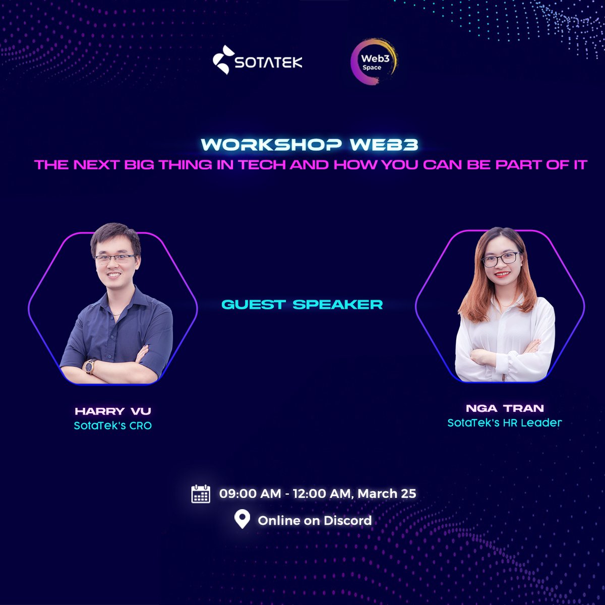 SotaTek's tweet image. 💥💥SotaTek is thrilled to become the main sponsor of the #Web3Workshop organized by @Web3Spacevn. Additionally, Mr. @harry_sotatek (SotaTek&apos;s CRO) and Ms. Nga Tran (SotaTek&apos;s HR Leader) will be the special speaker at the workshop.

📣 Register now: bit.ly/web3space_work…