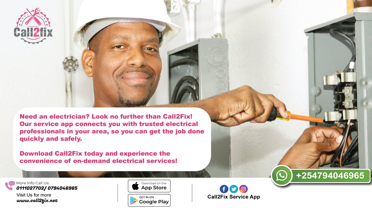 Call2fix_Kenya's tweet photo. Need an electrician? Look no further than Call2Fix! Our service app connects you with trusted electrical professionals in your area, so you can get the job done quickly and safely. From small repairs to major installations, we've got you covered. 

Download Call2Fix today!!!1 https://t.co/YRtQhLNxfB