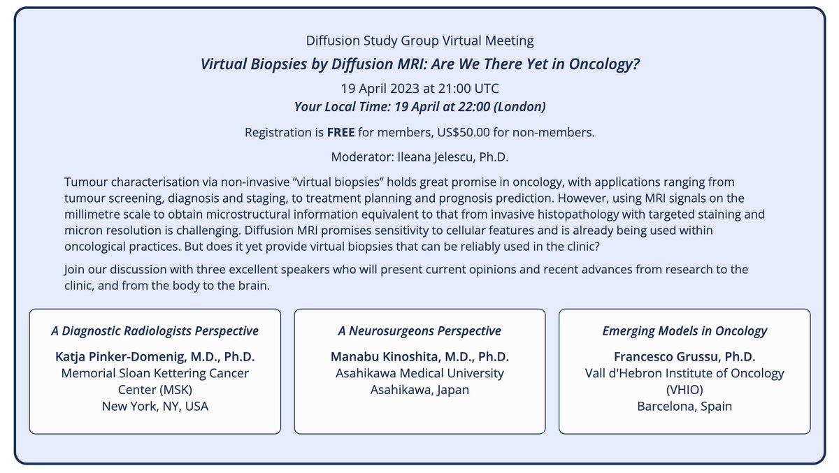 Join us on April 19th @ 21:00 UTC for the next <a href="/ISMRM/">ISMRM</a>  DSG virtual meeting: 

Virtual Biopsies by Diffusion MRI: Are We There Yet in Oncology?

Our fantastic lineup of speakers will present current opinions and recent advances from research to the clinic, &amp; the body to the brain.