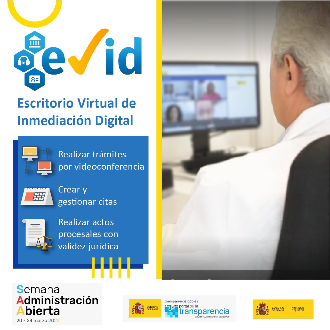 En la Semana de la Administración Abierta os contamos todo sobre el Escritorio Virtual de Inmediación Digital #EVID.

🆕Atiende trámites por videoconferencia, crea y gestiona citas y realiza actos procesales con validez jurídica.

#SAA2023