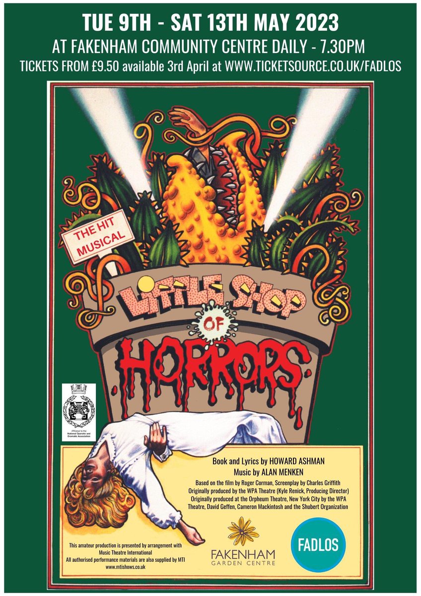 With 7 weeks to go, Audrey II is getting hangry, and while our show sponsor Fakenham Garden Centre is at the ready to meet her fertilisation needs......

We must ensure our audiences meet Audrey II's EVERY need! 🤭🪴😋

So we would love you to share our poster far and wide! 😁