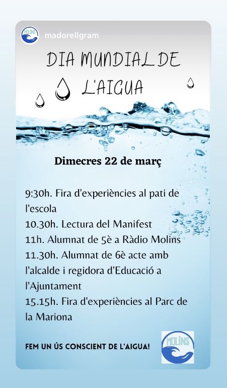 aliancesmagnet's tweet photo. L’aigua és essencial per la vida’
Avui, #DiaMundialDeLAigua l’@EscolaMadorell comparteix el projecte ‘Molins és aigua. On trobem aigua a Molins?’ amb diverses propostes i activitats cocreades amb el @ccitub, el seu partner #magnet https://t.co/zGptCtYRLI