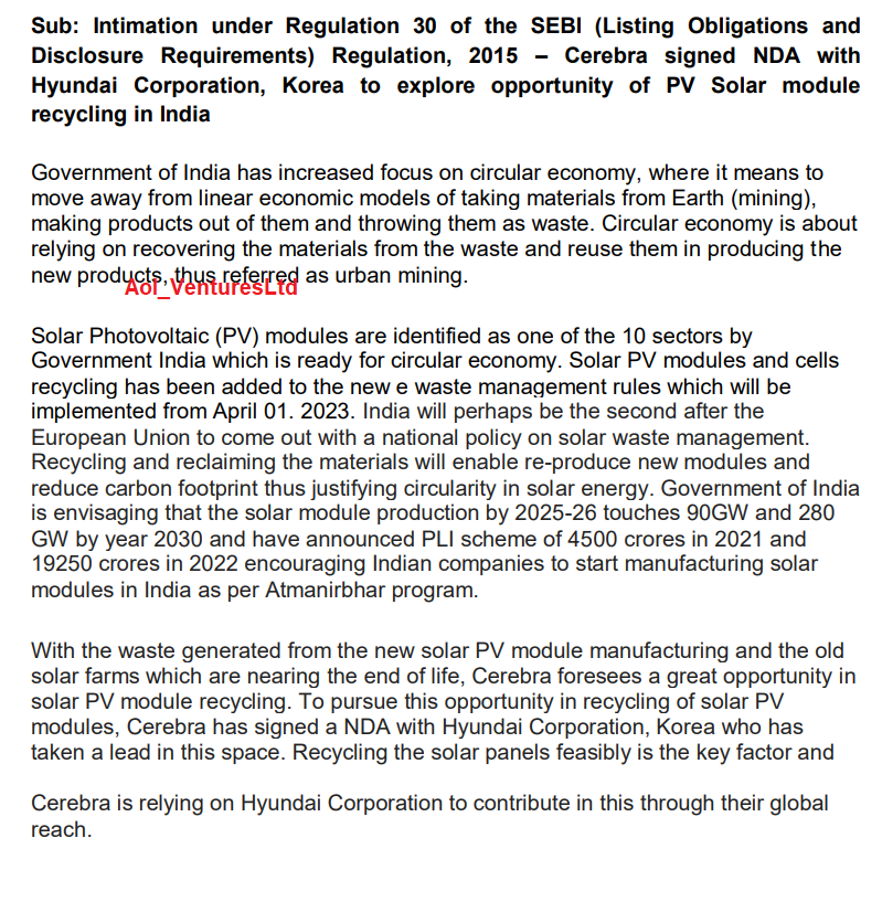 vluxeinvests's tweet photo. #CEREBRAINT
Cerebra Integrated Technologies Signed NDA With #Hyundai Corporation, Korea To Explore Opportunity Of PV Solar Module Recycling In India https://t.co/qujylS3mAF