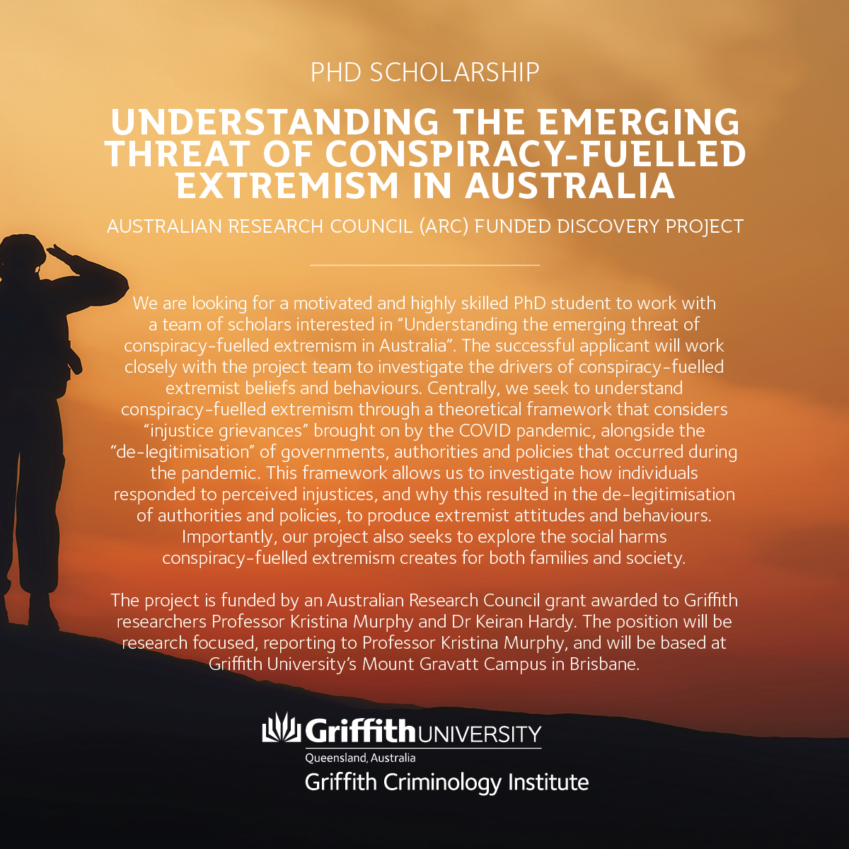 PHD SCHOLARSHIP | We are accepting EOIs for a <a href="/arc_gov_au/">Australian Research Council</a> PhD Scholarship on "Understanding the emerging threat of conspiracy-fuelled extremism in Australia". Fixed term F/T. Based at <a href="/Griffith_Uni/">Griffith University</a>.
Link to full ad here griffith.edu.au/research-study…
#Scholarship #phdcandidate #JobAlert