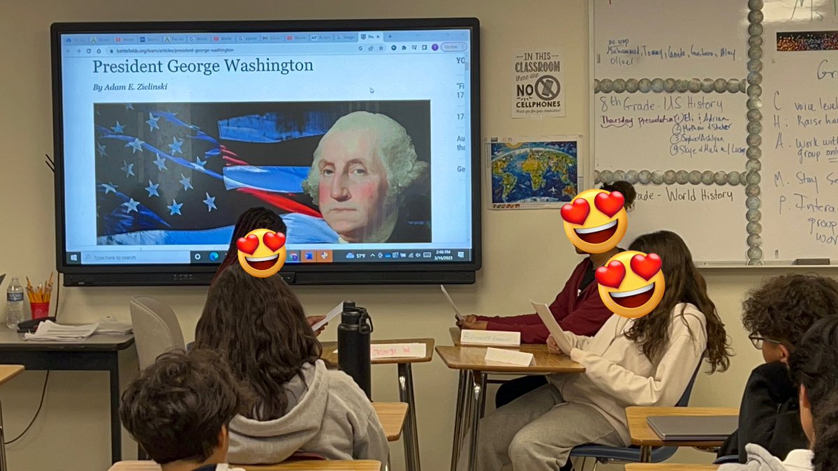 DanayanTalar's tweet photo. 8th Grade Social Studies students’ presentations on George Washington.  One group pretended to interview G. Washington, and the other had a cabinet meeting with Pres. Washington and A. Hamilton and T. Jefferson. @iaecspumas https://t.co/myANBBsVPY