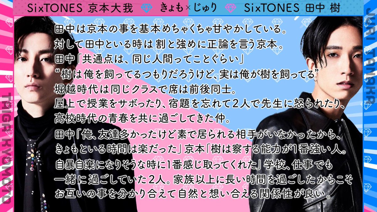 Yu5st6's tweet photo. SixTONES コンビ布教シート①
💗きょもゆご💛京本大我×髙地優吾
💗きょもじゅり💙京本大我×田中樹
💗きょもほく🖤京本大我×松村北斗
💗京ジェ❤️京本大我×ジェシー https://t.co/hngqN37ylv
