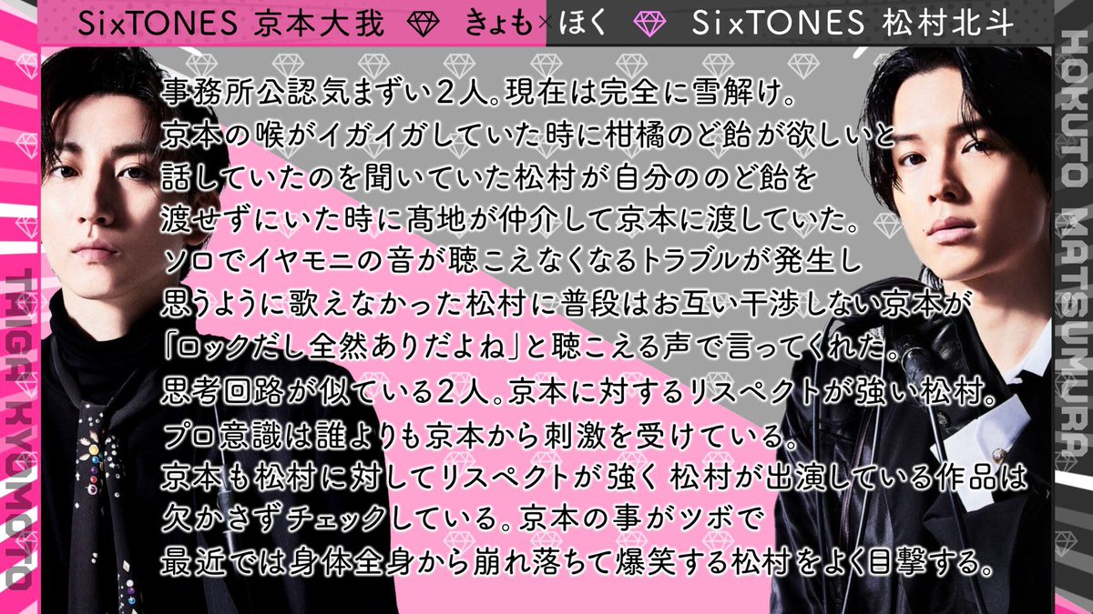SixTONES コンビ布教シート① 💗きょもゆご💛京本大我×髙地優吾