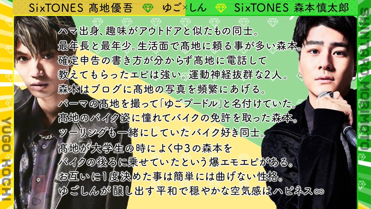 Yu5st6's tweet photo. SixTONES コンビ布教シート②
💛ゆごじゅり💙髙地優吾×田中樹
💛ゆごほく🖤髙地優吾×松村北斗
💛ゆごジェ❤️髙地優吾×ジェシー
💛ゆごしん💚髙地優吾×森本慎太郎 https://t.co/neZRrvGpVu