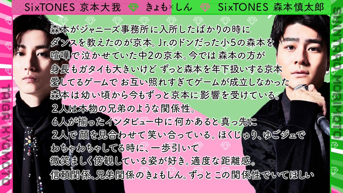 Yu5st6's tweet photo. SixTONES コンビ布教シート③
💗きょもしん💚京本大我×森本慎太郎
🖤ほくじゅり💙松村北斗×田中樹
🖤ほくジェ❤️松村北斗×ジェシー
🖤ほくしん💚松村北斗×森本慎太郎 https://t.co/WK6nWUmG4k