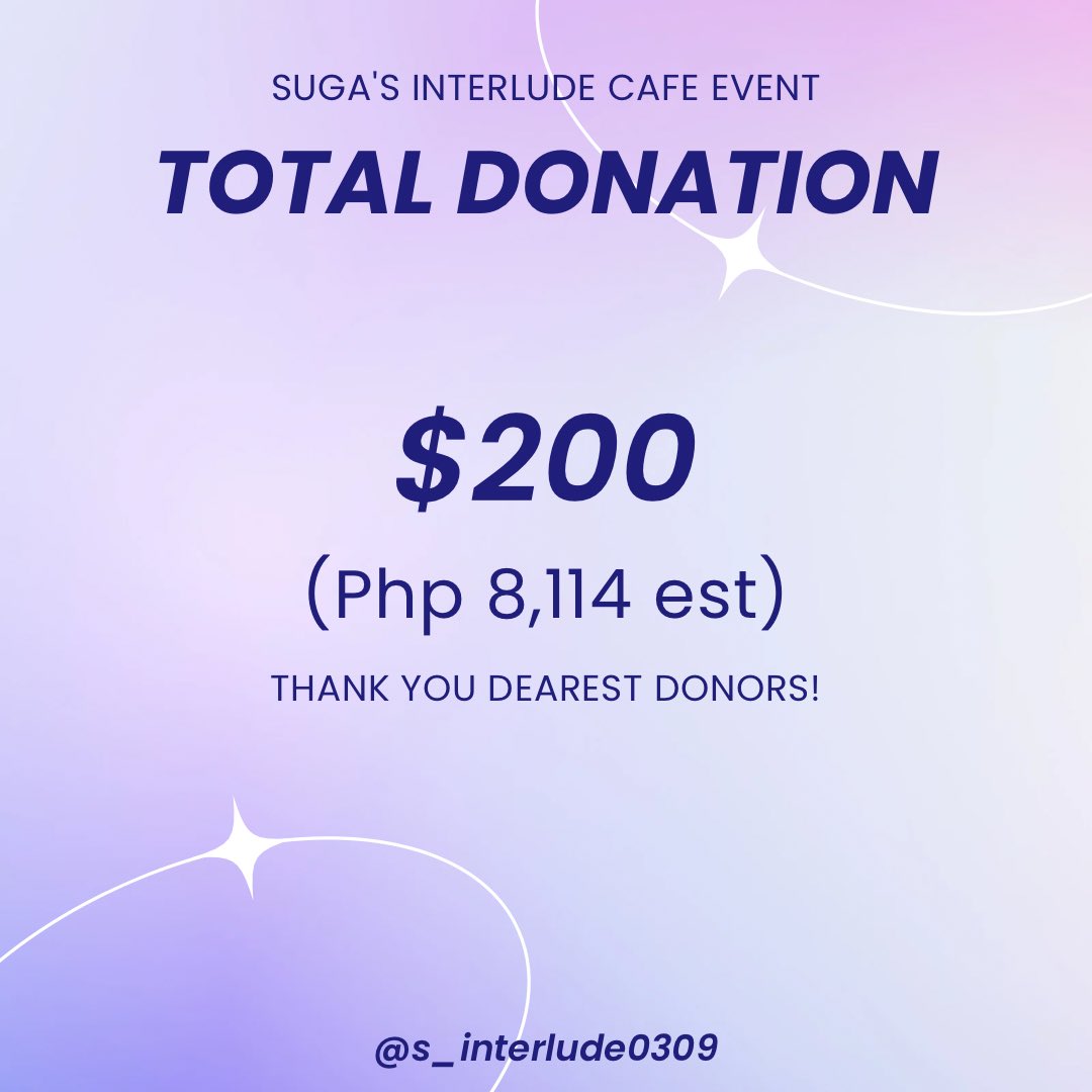 s_interlude0309's tweet photo. [Charity Event Update ✨🌙]

Thank you to all our loving and generous donors who gave their love offerings last Suga’s Interlude Cafe Event Charity Event 💜 We managed to collect total of $200! 🙌🏻🎉

Will provide updates once donation has been transferred to Caritas Manila 🙆🏻‍♀️🙏🏻 https://t.co/Max3khCRn3