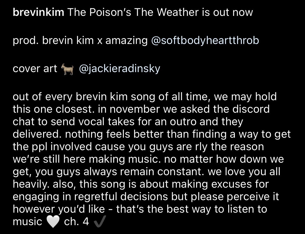 The Poison’s The Weather is out now prod. brevin kim x @hearteyesrules featuring the “Discord choir” !!! this one’s very special to us BrevinKim.lnk.to/ThePoisonsTheW…