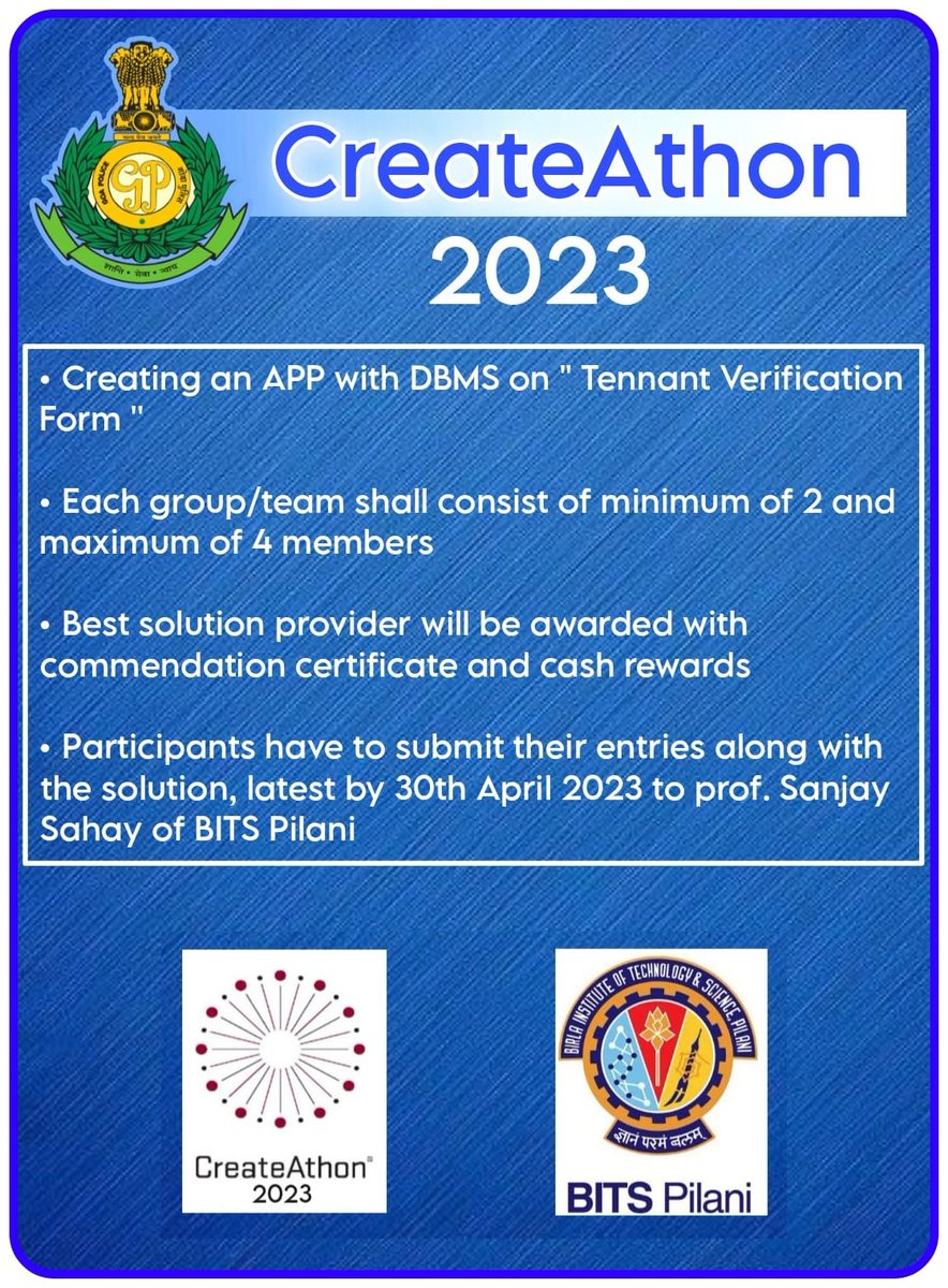 spnorthgoa's tweet photo. In an effort to enhance safety and security, the police are now focusing on tenant #verification.! Participate in #CreateAthon 2023 at #bitspilani and create an innovative APP with DBMS for "Tenant Verification Form" to help landlords & property owners comply with the procedure. https://t.co/v6sPg7AdkR