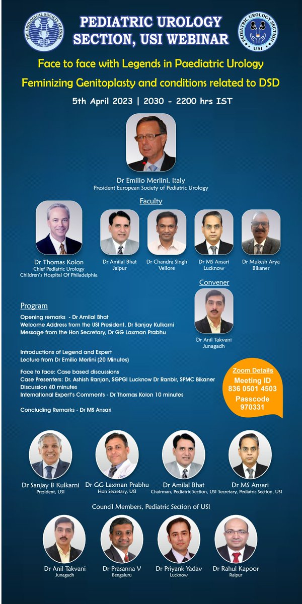 Face to face with the legends in the field of pediatric urology with Dr. Emilio Merlini and Dr. Thomas Kolon on DSD &amp; Genitoplasty on 5th April 8:30 PM IST. Details for joining this webinar incorporated in flyer <a href="/ESPUorg/">ESPU</a> <a href="/usioffice/">Urological Society of India 🇮🇳</a> <a href="/AmerUrological/">Amer. Urol. Assn.</a> <a href="/serdartekgul/">SERDAR TEKGUL</a> <a href="/drnmreddy/">Dr Mallikarjun Reddy</a>