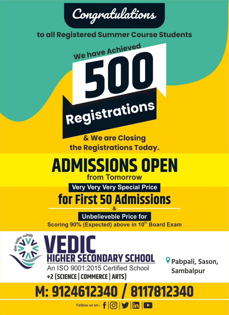 Registration are opening tomorrow for summer course! Special price offer 🌟 Unbelievable discounts for those who have scored above 90% in 10th ⭐ Register Now!

#VedicInternationalSchool #RegistrationOpen #SummerCourse