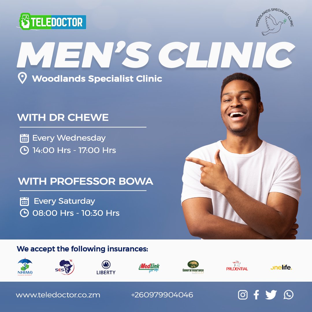 teledoctorzm's tweet photo. Teledoctor proudly presents the Men's Clinic at Woodlands Specialist Clinic. Join our urologists, Dr. Chewe on Wednesdays and Prof. Kasonde Bowa every Saturday. Call 0979904046 today to schedule an appointment!
#MensClinic #ErectileDysfunction #Teledoctor https://t.co/ElSHFkvUJA